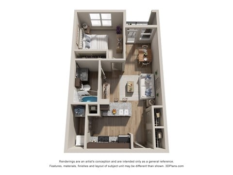 Floor plan for 1 bed, 1 bath, 640 sqft